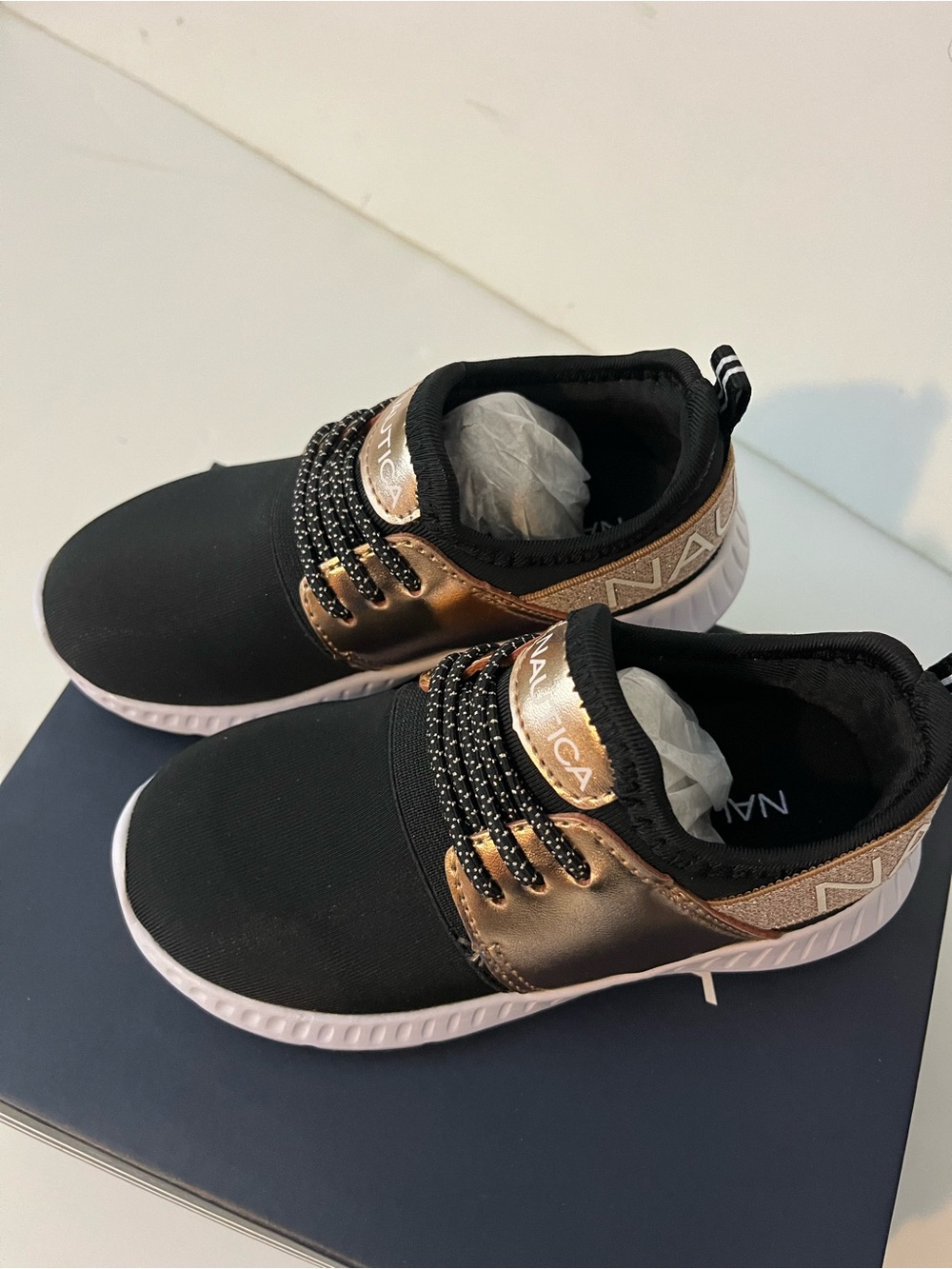 Nautica Kids Black and Rose Gold Slip-On Sneakers